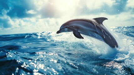 Dolphin leaping joyfully from the ocean with water splashes