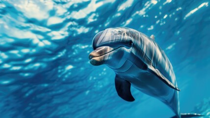Playful dolphin close-up with a vibrant blue ocean backdrop