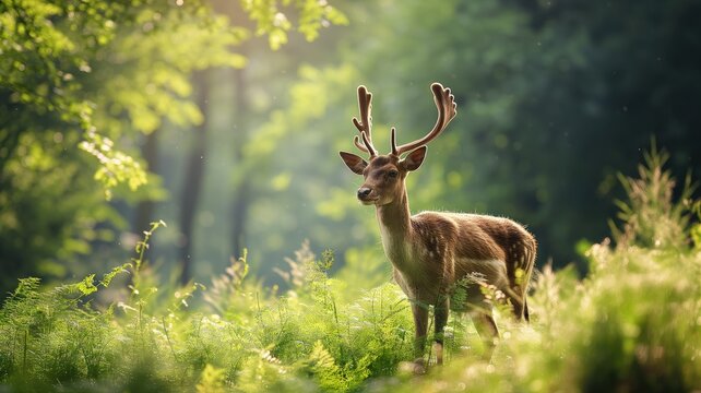 Deer in sunlight filtering through forest canopy