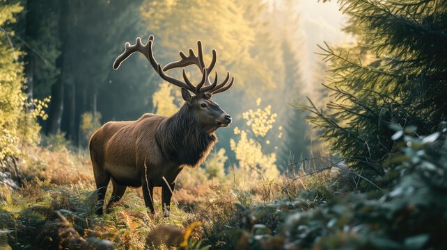 Majestic stag standing in a forest clearing, bathed in golden light