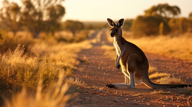 Kangaroo Standing On A Dusty Road During Sunset In The Outback