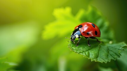 Obraz premium Ladybug on a bright green leaf, sharp and vivid