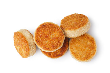 Tasty meat cutlets on white background