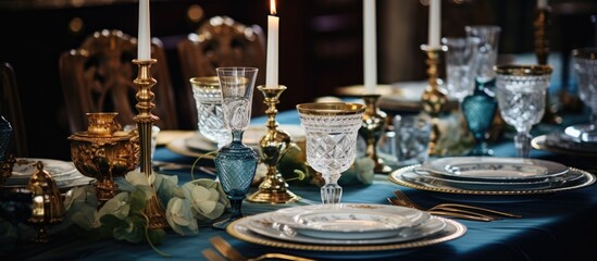 Fototapeta na wymiar Elegant table with gold-rimmed tableware, candlesticks, patterned cutlery, embossed glasses, and blue velvet tablecloth.