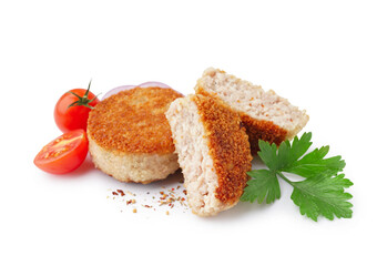 Tasty meat cutlets, parsley and tomatoes on white background