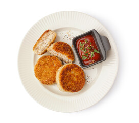 Plate with tasty meat cutlets and sauce on white background