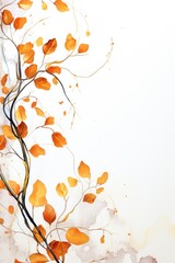Abstract botanical background with tree branches and leaves in line art. Cyan and golden leaf, brush, line, splash of paint