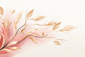 Fototapeta na wymiar Abstract botanical background with tree branches and leaves in line art. Maroon and golden leaf, brush, line, splash of paint 