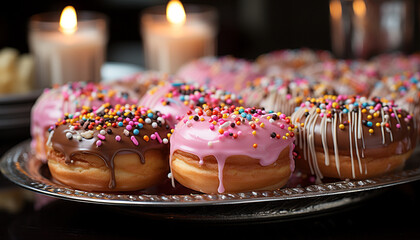 Multi colored donut with chocolate icing and sprinkles generated by AI