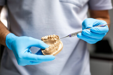 dentist hold Dental crowns. Close-up ceramic tooth crown in