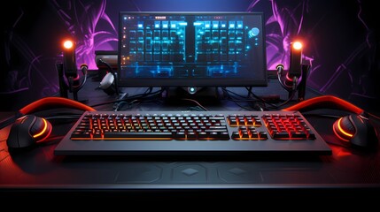 A top view of a sleek black mechanical keyboard with RGB backlighting, surrounded by a mouse, headphones, and a mousepad