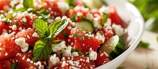 Organic watermelon salad with mint, feta, and cucumber
