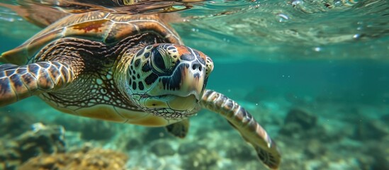 Water-filled turtle close-up with shallow focus. Located in Riviera Maya, Mexico.