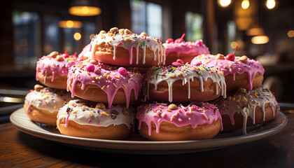 Freshly baked donut with colorful icing and chocolate generated by AI
