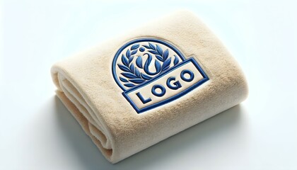 Broderie sur textile : Logo bleu sur une serviette beige en coton