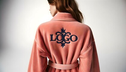 Broderie sur textile : logo bleu dans le dos d'un peignoir rose saumon