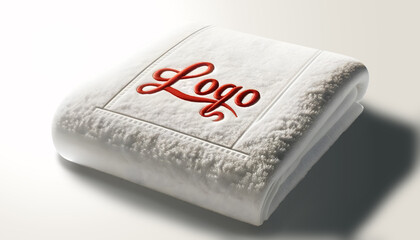 Broderie sur textile : Logo rouge sur une serviette blanche en coton