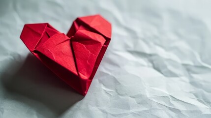 Red origami heart on white background