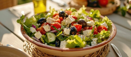 Greek salad on a table in light, with a straw tablecloth.