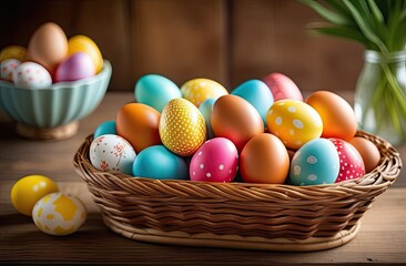 Fototapeta na wymiar Wicker basket with brightly colored Easter eggs on a wooden table. Holiday Traditions Concept 