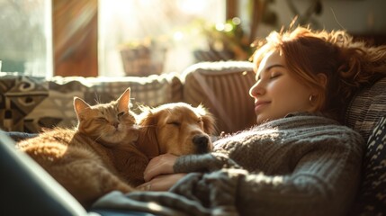 sweet home with relaxing dog, cat and their boss. 