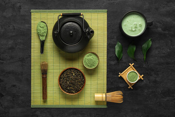 Composition with matcha tea and accessories on dark background