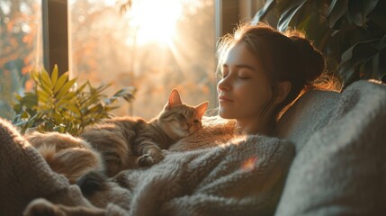 sweet home with relaxing dog, cat and their boss. 