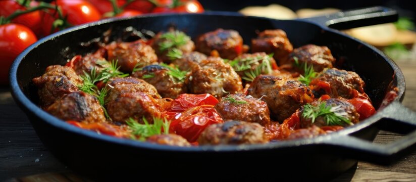 Croatian cevapi, spicy meatballs in a skillet with tomatoes and onions.