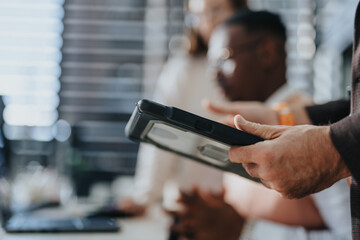 A multiethnic group works together in a professional setting, discussing business strategies and market analysis. They collaborate and plan for sustainable growth and success.