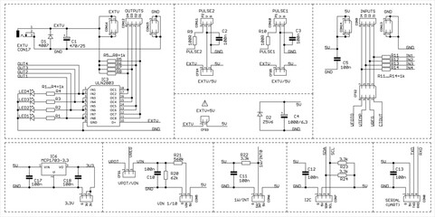 Schematic diagram of electronic device.
Vector drawing electrical circuit with capacitor, diode, led, resistor, port uart, integrated circuit,
and other electronic components.