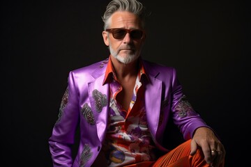 Portrait of a handsome middle-aged man wearing a purple jacket and sunglasses.
