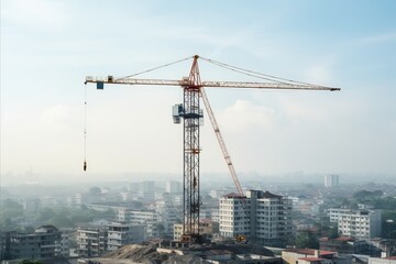 Fototapeta na wymiar Construction crane lifting next to unfinished tall building on construction site