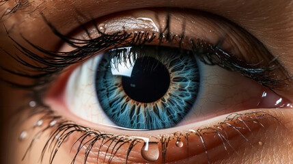 Close-up of human eye with water drops. 3D rendering