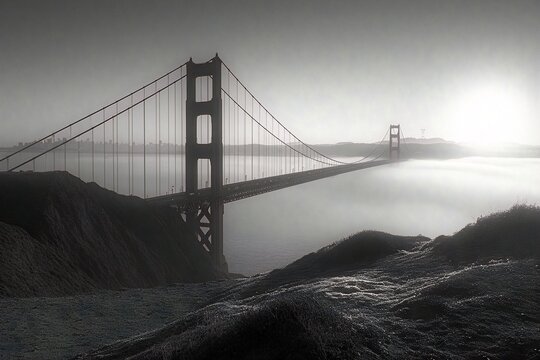 landscape bridge over the river black and white illustration