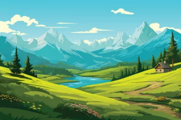 Schilderijen op glas green vector landscape with mountains, river and trees, wallpaper background © Arash