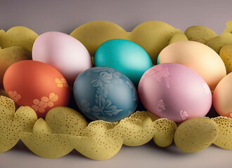 Three blue speckled eggs in bird nest , Easter holiday decorations , Easter concept background