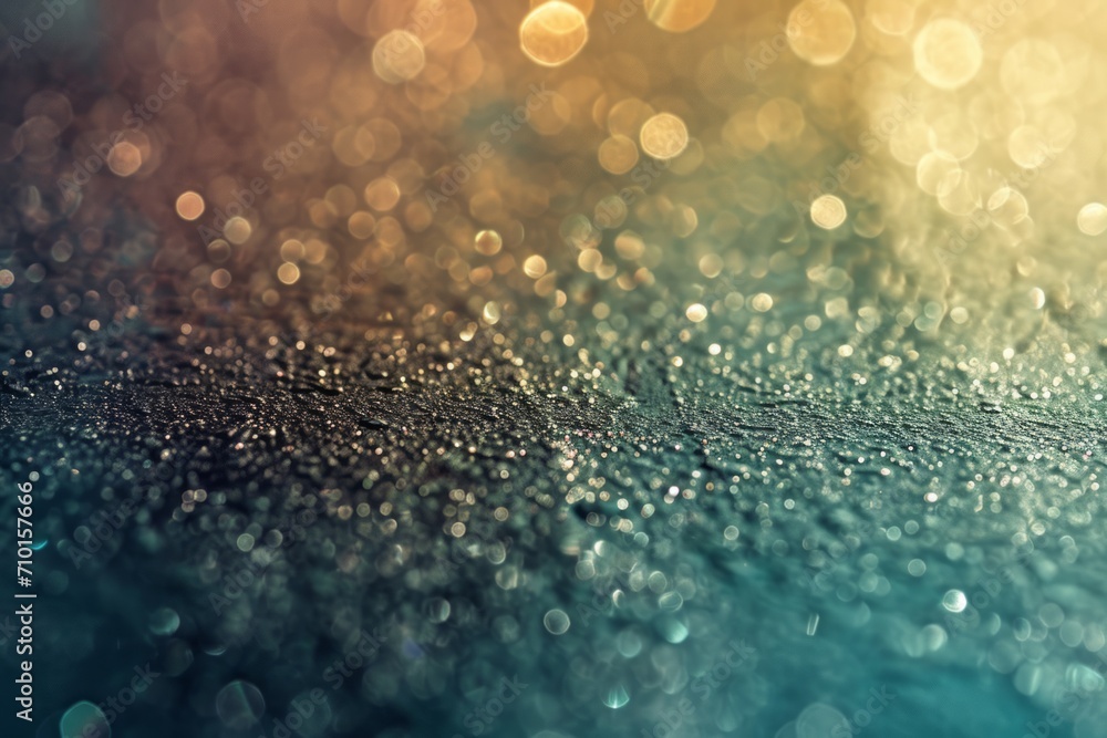 Poster a close-up texture of a surface with sparkling water droplets under a soft golden and turquoise ligh