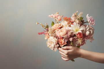 Loving female hands holding a bouquet of flowers on Mother's Day.