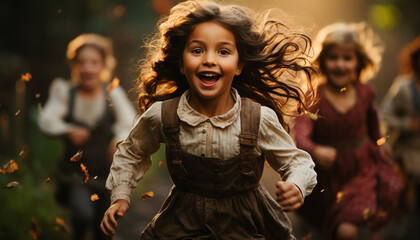 Smiling girls enjoying playful nature, carefree childhood generated by AI