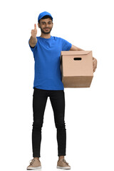 A man on a white background with box. Shows thumbs up sign