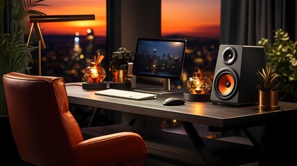 High-quality bookshelf speakers positioned on either side of a computer monitor, providing immersive sound