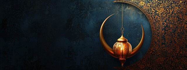 Moroccan lanterns and half moon adorned and detailed, decorative background, ramadan concept.