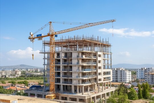 Efficient construction crane in action. building impressive tall skyscrapers