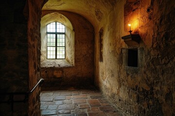 Interior of an ancient medieval castle, edra walls and floor, fantasy concept.