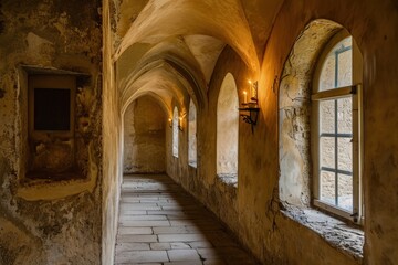 Fototapeta na wymiar Interior of an ancient medieval castle, edra walls and floor, fantasy concept.