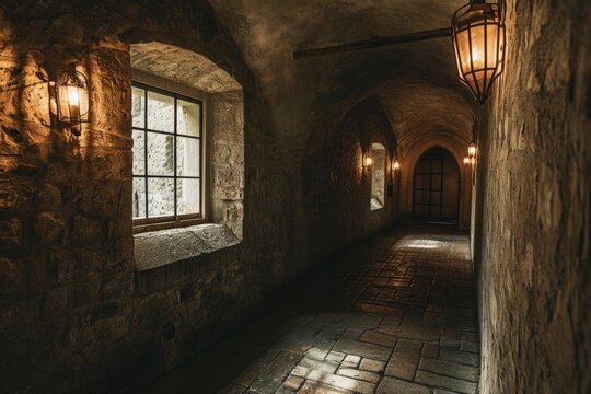 Interior of an ancient medieval castle, edra walls and floor, fantasy concept.