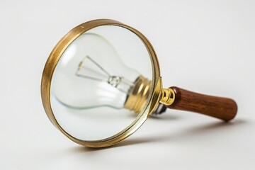 Magnifying glass and light bulb on white background, curiosity, ideas and learning concept.