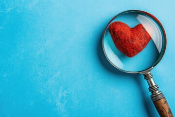 Magnifying glass and heart on blue background, heart health care concept. - obrazy, fototapety, plakaty