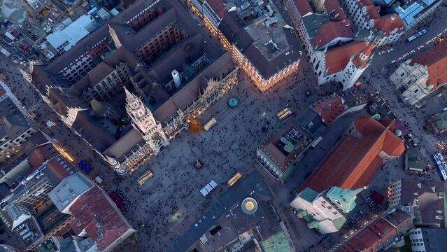 Amazing Top View on Marienplatz in Munich at Winter. City centre Church and Marienplatz square, Muenchen, Germany