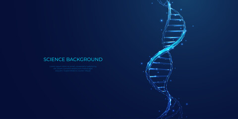Abstract DNA double helix in futuristic technology style. Science concept. DNA blue background. Genetic and biology vector illustration. Digital gene. Low poly wireframe. Geometric 3D biology concept. - obrazy, fototapety, plakaty